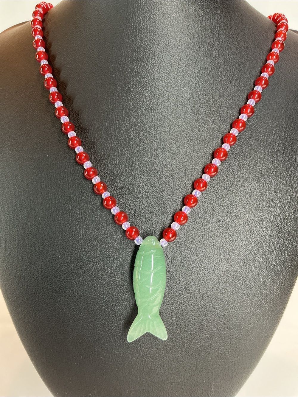 Mayamar Green Fish Pendant Necklace with Red & Purple Beads